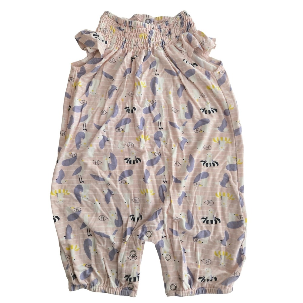 Bird & Bean Seagull Print Smocked Romper Pink Purple Stripe 12-18M